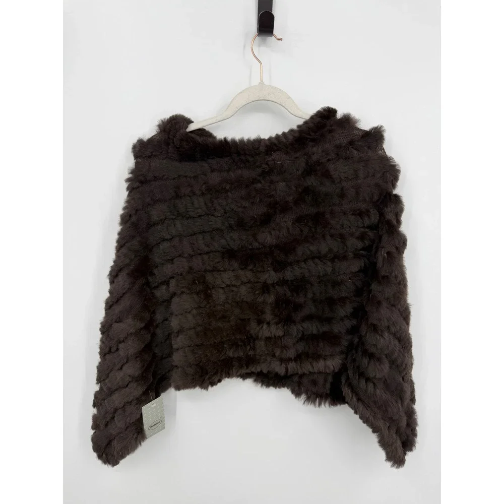 Solnex Knit Rabbit Fur Poncho Wrap Women One Size Brown Luxury Glam Accessory